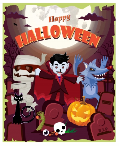 halloween poster design with devil and zombie