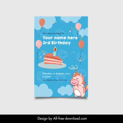 happy birthday invitation card template cute unicorn cake balloon