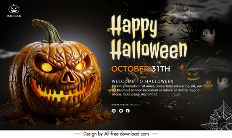 happy halloween banner template frightening pumpkin face scary scene