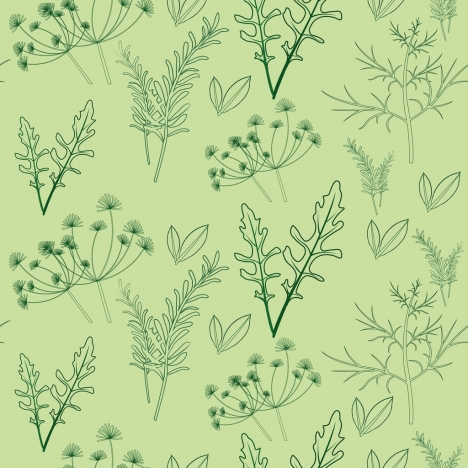 herbal background various green icons repeating design