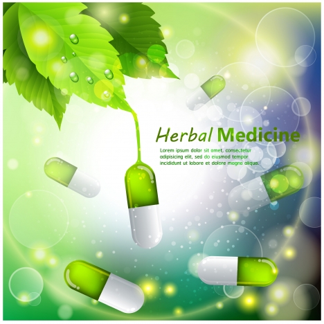 herbal medicine template design with capsules on bokeh background