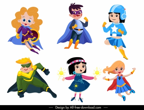 Hero kids icons cute cartoon characters sketch vectors stock in format ...