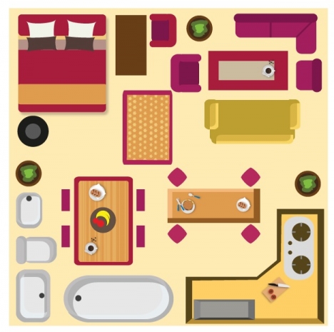 home furnitures arrangement sketch with colored flat style