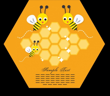 honeybees background cute stylized cartoon icons geometric frame