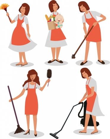 housewife icons collection colored cartoon characters