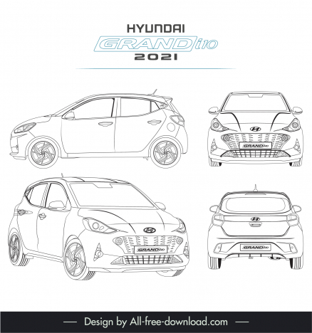 hyundai grand i10 2021 car models advertising template black white handdrawn different views outline