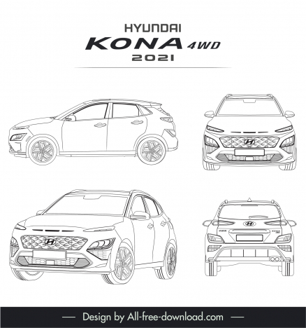 hyundai kona 4wd 2021 car model icons black white handdrawn different views outline