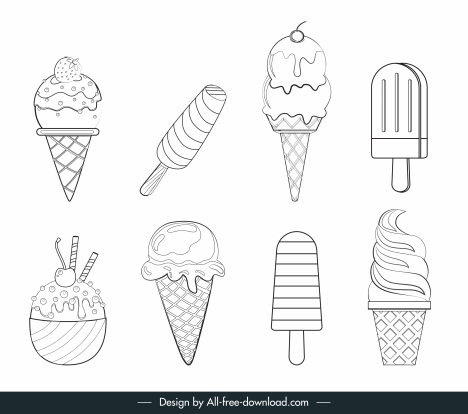 Ice cream icons black white handdrawn sketch vectors stock in format ...