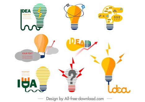 idea concept icons flat lightbulbs shapes colored design
