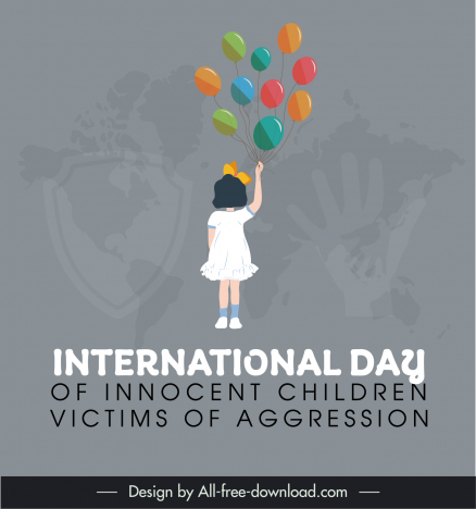international day of innocent children victims of aggression banner template little girl balloon blurred global map hand shield sketch