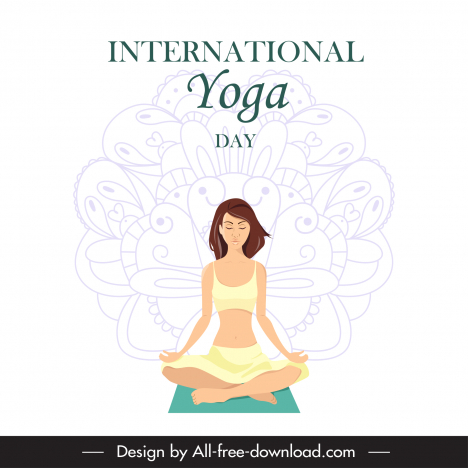 international yoga day advertising poster template flat classical cartoon sitting woman floral sketch