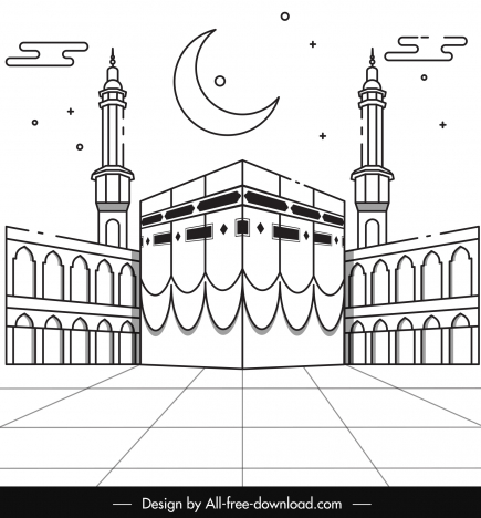 Islamic hajj pilgrimage backdrop black white 3d architecture outline ...