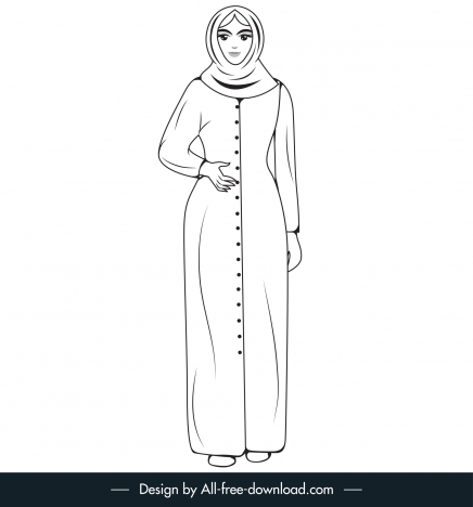 islamic lady icon black white cartoon character outline