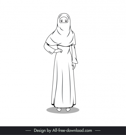islamic lady icon elegant back white cartoon character outline