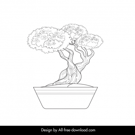 japanese bonsai tree icon classical black white handdrawn outline