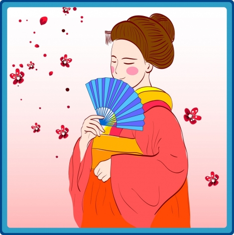 japanese woman icon colored cartoon design traditional costume