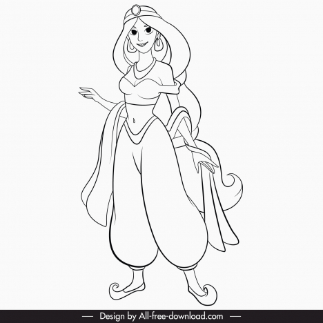 Jasmine cartoon character icon beautiful lady in eastern costume black  white handdrawn cartoon outline vectors stock in format for free download  162 bytes