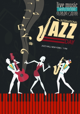 jazz banner performers music notes icons dark background