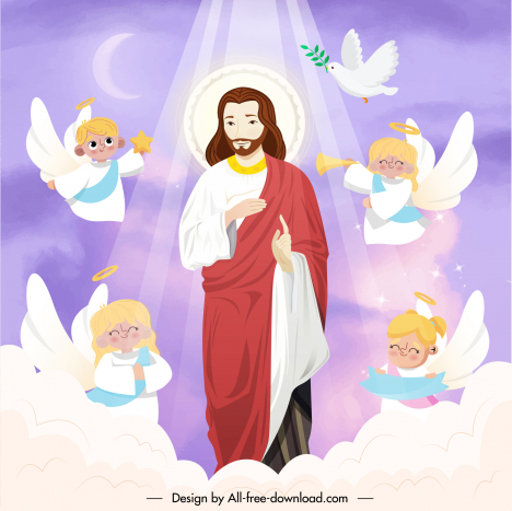 Jesus christ in heaven with angels backdrop template cute cartoon design  vectors stock in format for free download 162 bytes