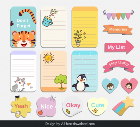 journal notepad label design elements cute cartoon papercut