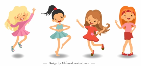 joyful girls icons cute cartoon characters sketch