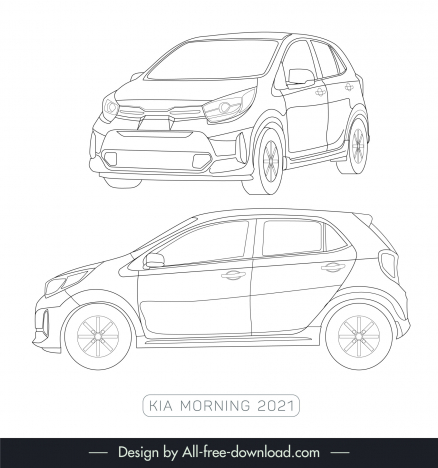 kia morning 2021 car lineart template black white handdrawn different view outline