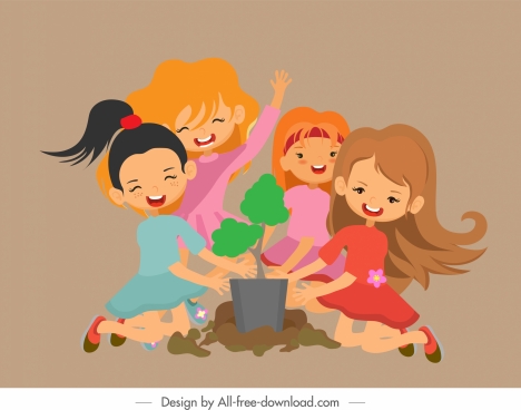 kids activity background joyful girls sketch cartoon design
