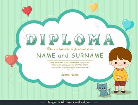 kids diploma template cute cartoon boy heart balloons kitten cartoon