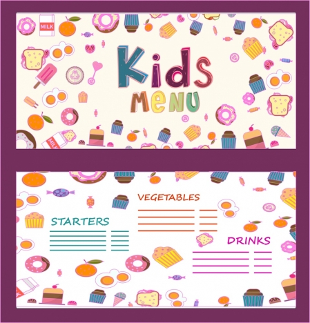 kids menu ornament food icons on white background