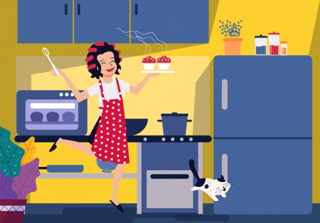 kitchen work background happy housewife icon cartoon design
