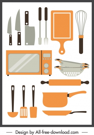 kitchenwares icons flat sketch classic design