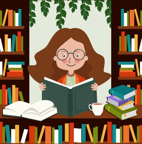 Knowledge conceptual drawing girl reading book colored cartoon vectors  stock in format for free download 