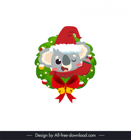 koala christmas icon cute cartoon character sketch laurel wreath knot decor