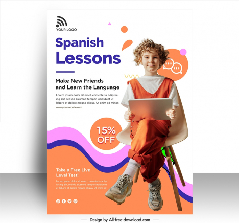 language course poster template cute kid sitting