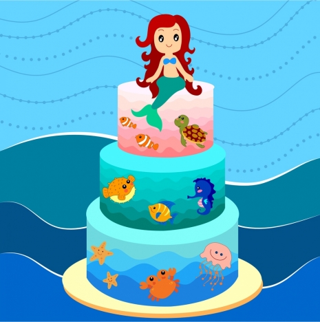 layers cake design marine style cartoon mermaid icon