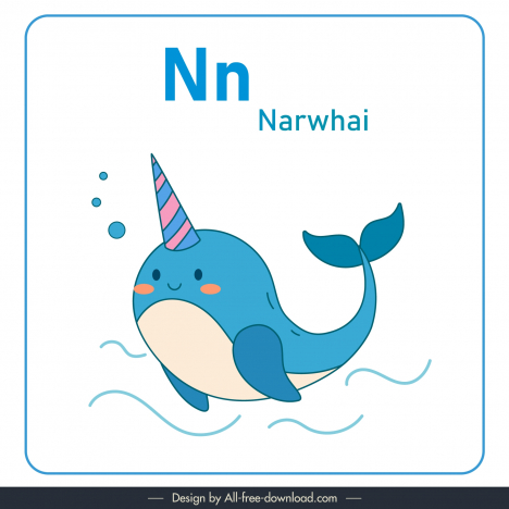 letter n alphabet design elements cute handdrawn cartoon narwhal