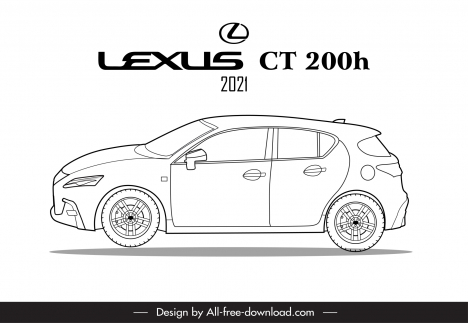 lexus ct 200h 2021 car model icon black white handdrawn side view sketch