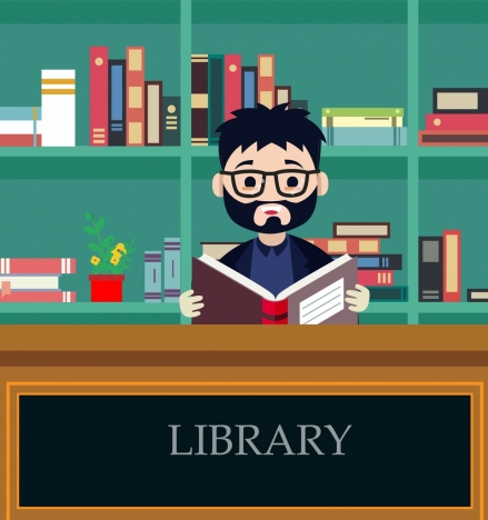 Library background man reading book icon colored cartoon vectors stock