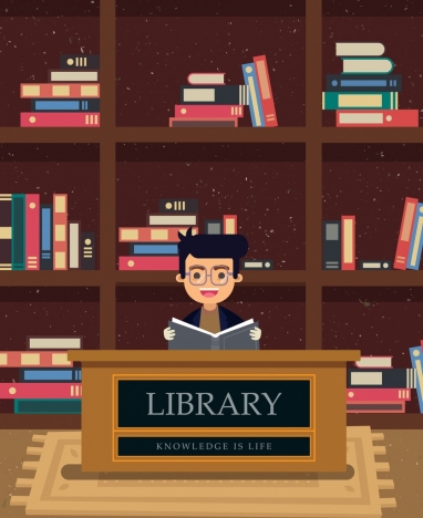 library background reading man bookshelf icons colored cartoon