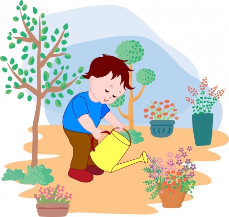 little boy watering flowers background colored cartoon decor