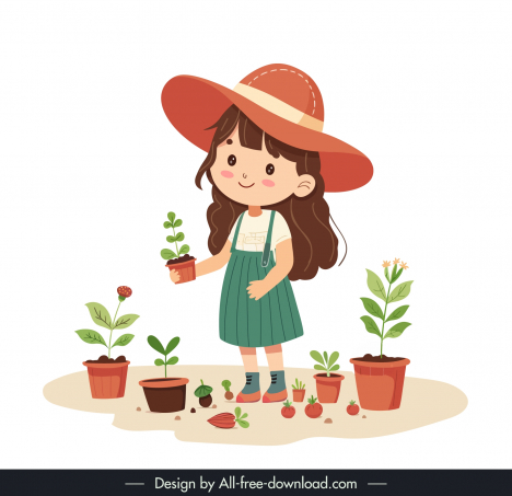 little girl gardening design elements cute cartoon sketch