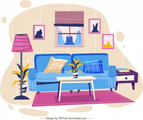 living room template colorful modern sketch