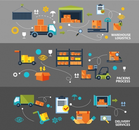 logistic concepts illustration with warehouse and delivery icons