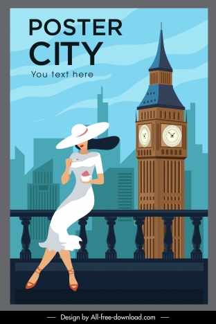 london landmark poster elegant lady tower cartoon sketch