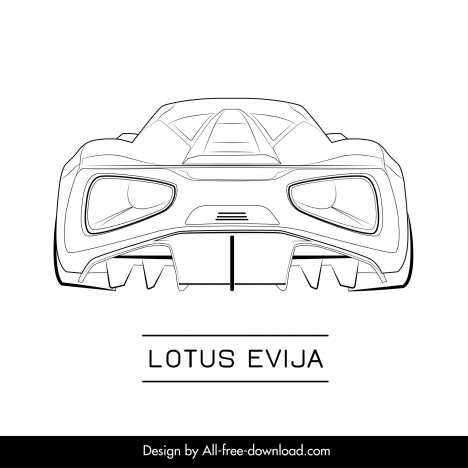 lotus evija car model icon flat black white handdrawn symmetric back view sketch