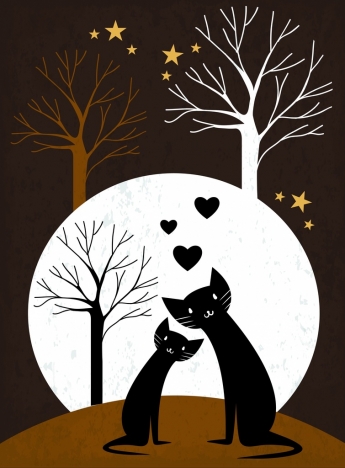 love background black cats hearts leafless trees icons