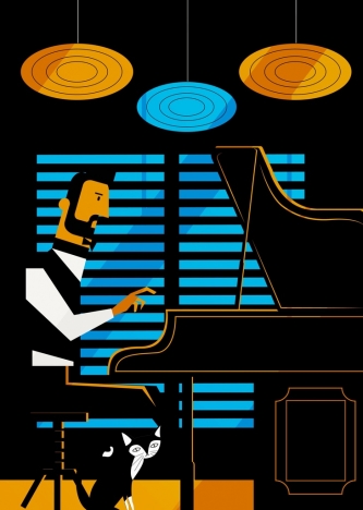 man playing piano drawing colored cartoon design