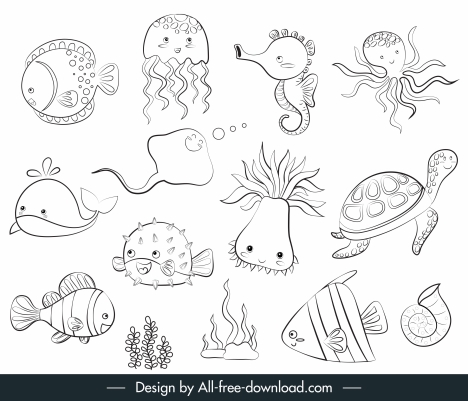 Marine species icons back white handdrawn sketch vectors stock in ...