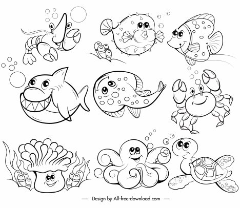 Marine species icons black white handdrawn cartoon sketch vectors stock in  format for free download 