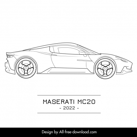 maserati mc20 2022 car advertising template flat black white handdrawn side view outline